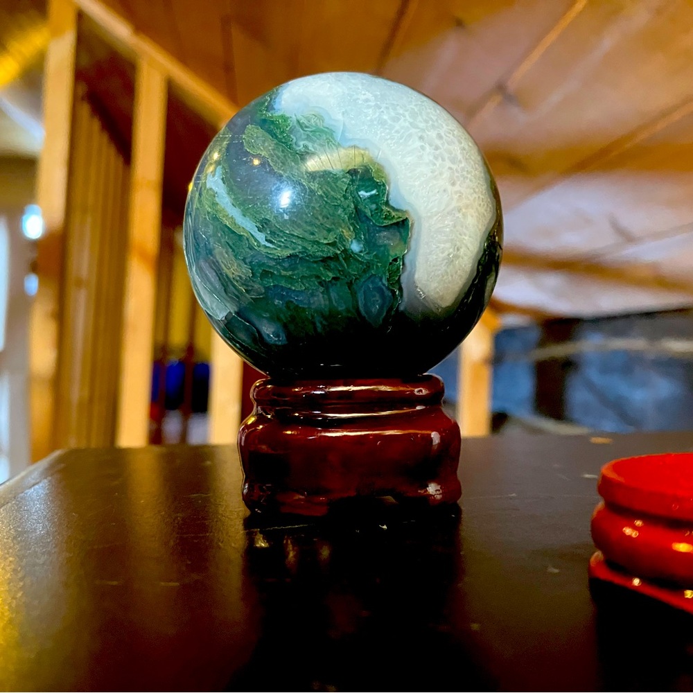 Moss agate crystal sphere